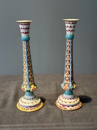 A pair of Chinese Canton enamel 'lotus' candlesticks, Yongzheng
