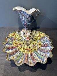 A Chinese Canton enamel helm-shaped ewer with shell-shaped basin, Yongzheng/Qianlong