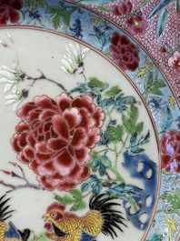 A Chinese famille rose 'roosters' plate, Yongzheng/Qianlong