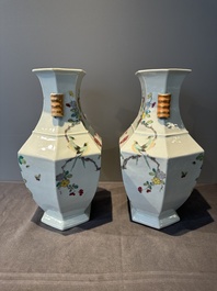 A pair of hexagonal Chinese famille rose 'hu' vases with floral design, Qianlong/Jiaqing