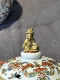 A pair of Chinese famille rose 'Madame de Pompadour' pot-pourri jars with bronze-mounted covers, Qianlong, ca. 1745