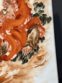 A fine Chinese iron-red and grisaille 'luohan' plaque, signed Wang Bu 王步, 20th C.