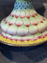 A pair of Chinese Canton enamel 'lotus' candlesticks, Yongzheng