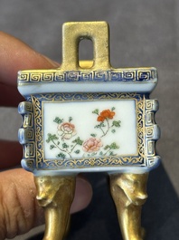 A fine Chinese gilt-decorated blue, white and famille rose covered censer, Qianlong