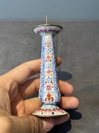 A pair of Chinese Canton enamel candlesticks with floral design, Yongzheng/Qianlong