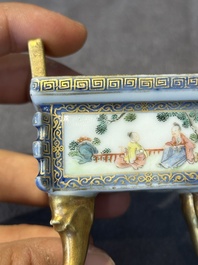 A fine Chinese gilt-decorated blue, white and famille rose covered censer, Qianlong
