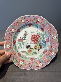 A Chinese famille rose 'roosters' plate, Yongzheng/Qianlong