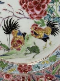 A Chinese famille rose 'roosters' plate, Yongzheng/Qianlong