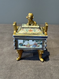 A fine Chinese gilt-decorated blue, white and famille rose covered censer, Qianlong