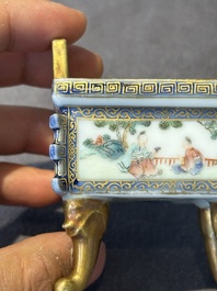 A fine Chinese gilt-decorated blue, white and famille rose covered censer, Qianlong