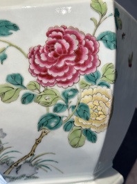 A pair of hexagonal Chinese famille rose 'hu' vases with floral design, Qianlong/Jiaqing