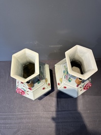 A pair of hexagonal Chinese famille rose 'hu' vases with floral design, Qianlong/Jiaqing