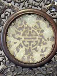 A Chinese wooden ruyi with white jade and a pair of table screens with jade, 19th C.