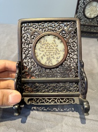 A Chinese wooden ruyi with white jade and a pair of table screens with jade, 19th C.