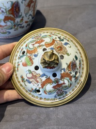 A pair of Chinese famille rose 'Madame de Pompadour' pot-pourri jars with bronze-mounted covers, Qianlong, ca. 1745