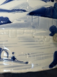 A large Chinese blue, white, celadon and copper-red brush pot on a later gilt bronze foot, 'bitong', Kangxi