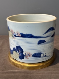 A large Chinese blue, white, celadon and copper-red brush pot on a later gilt bronze foot, 'bitong', Kangxi