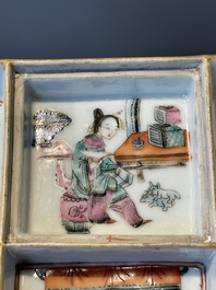 A Chinese famille rose ink set and a teapot, Tongzhi mark, 19th C.
