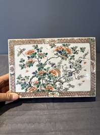 A rectangular Chinese famille verte tile with two-sided design, Kangxi