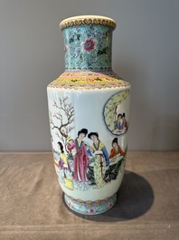 A Chinese famille rose vase with ladies in a garden, Qianlong mark, 20th C.