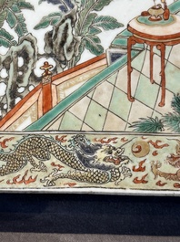 A rectangular Chinese famille verte tile with two-sided design, Kangxi
