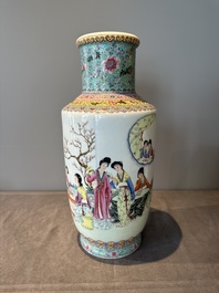 A Chinese famille rose vase with ladies in a garden, Qianlong mark, 20th C.