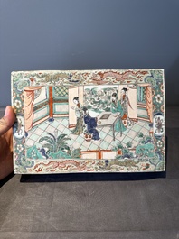 A rectangular Chinese famille verte tile with two-sided design, Kangxi
