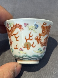 A group of six Chinese blue and white and famille rose cups, Chenghua, Tongzhi and Guangxu mark, Kangxi and later