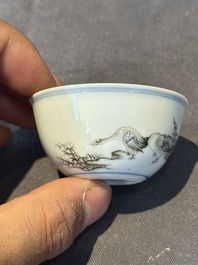 A group of six Chinese blue and white and famille rose cups, Chenghua, Tongzhi and Guangxu mark, Kangxi and later