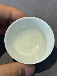 A group of six Chinese blue and white and famille rose cups, Chenghua, Tongzhi and Guangxu mark, Kangxi and later