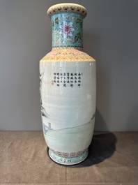 A Chinese famille rose rouleau vase with figurative design, Qianlong mark, Republic