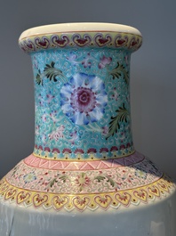 A Chinese famille rose rouleau vase with figurative design, Qianlong mark, Republic