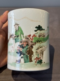 A Chinese famille verte 'fisherman' brush pot, 19th C.