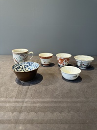 A group of six Chinese blue and white and famille rose cups, Chenghua, Tongzhi and Guangxu mark, Kangxi and later