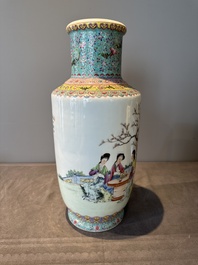 A Chinese famille rose vase with ladies in a garden, Qianlong mark, 20th C.