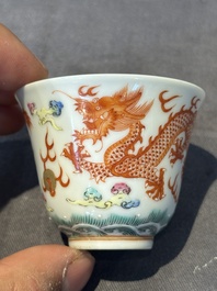 A group of six Chinese blue and white and famille rose cups, Chenghua, Tongzhi and Guangxu mark, Kangxi and later