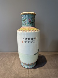 A Chinese famille rose vase with ladies in a garden, Qianlong mark, 20th C.
