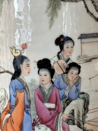 A Chinese famille rose rouleau vase with figurative design, Qianlong mark, Republic