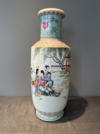 A Chinese famille rose rouleau vase with figurative design, Qianlong mark, Republic