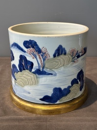 A large Chinese blue, white, celadon and copper-red brush pot on a later gilt bronze foot, 'bitong', Kangxi