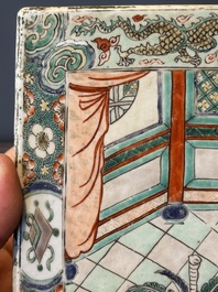 A rectangular Chinese famille verte tile with two-sided design, Kangxi