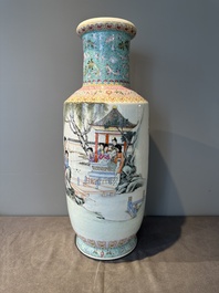 A Chinese famille rose rouleau vase with figurative design, Qianlong mark, Republic