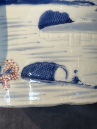 A large Chinese blue, white, celadon and copper-red brush pot on a later gilt bronze foot, 'bitong', Kangxi
