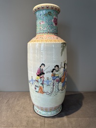 A Chinese famille rose rouleau vase with figurative design, Qianlong mark, Republic