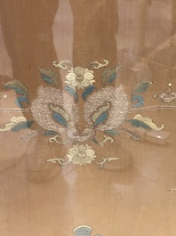 A pair of Chinese gold-thread-embroidered silk 'antiquities' folding screens, 19th C.
