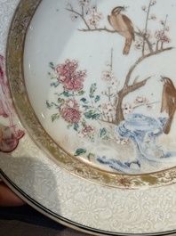 A pair of Chinese famille rose 'magpie and peony' plates with bianco-sopra-bianco rims, Yongzheng