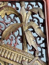 Two pairs of Chinese carved, lacquered and gilt-decorated wooden panels with figural design, 19th C.