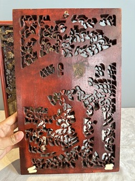 Two pairs of Chinese carved, lacquered and gilt-decorated wooden panels with figural design, 19th C.