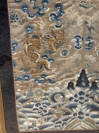 A large rectangular Chinese gold thread-embroidered silk panel decorated with four four-clawed dragons, Qing