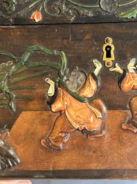 A square Chinese embellished and lacquered wooden box depicting a musician and two boys, Qing
